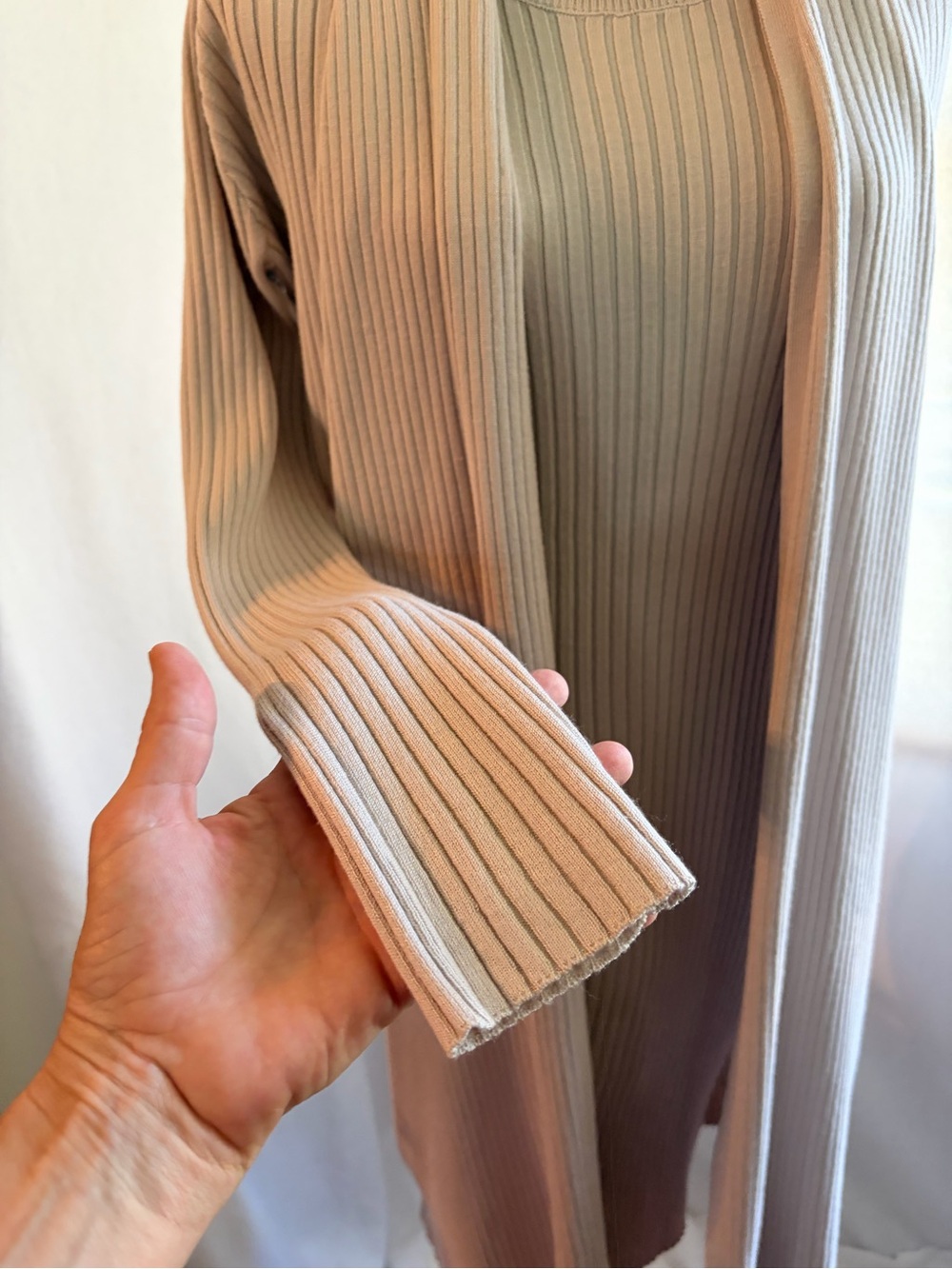 Magaschoni oatmeal ribbed knit midi dress & duster cardigan set - Picture 3 of 10